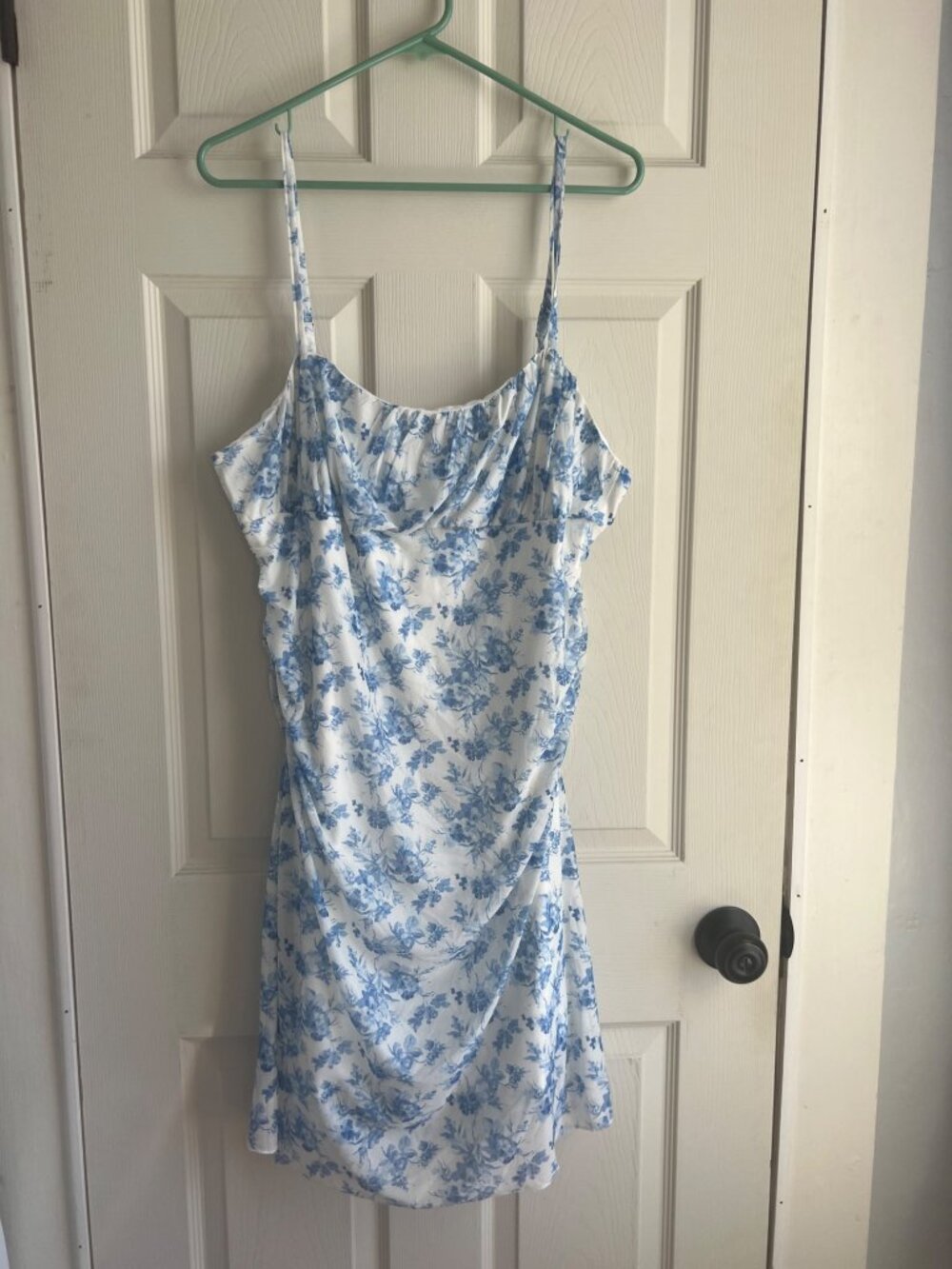 Blue White Floral Mini Dress XL | Cottagecore Slip Dress Ruched Summer Dress